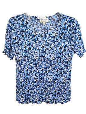 Tradition Blue/Black/White Plissé Short Sleeve Blouse – XS Petite (Fits S too)